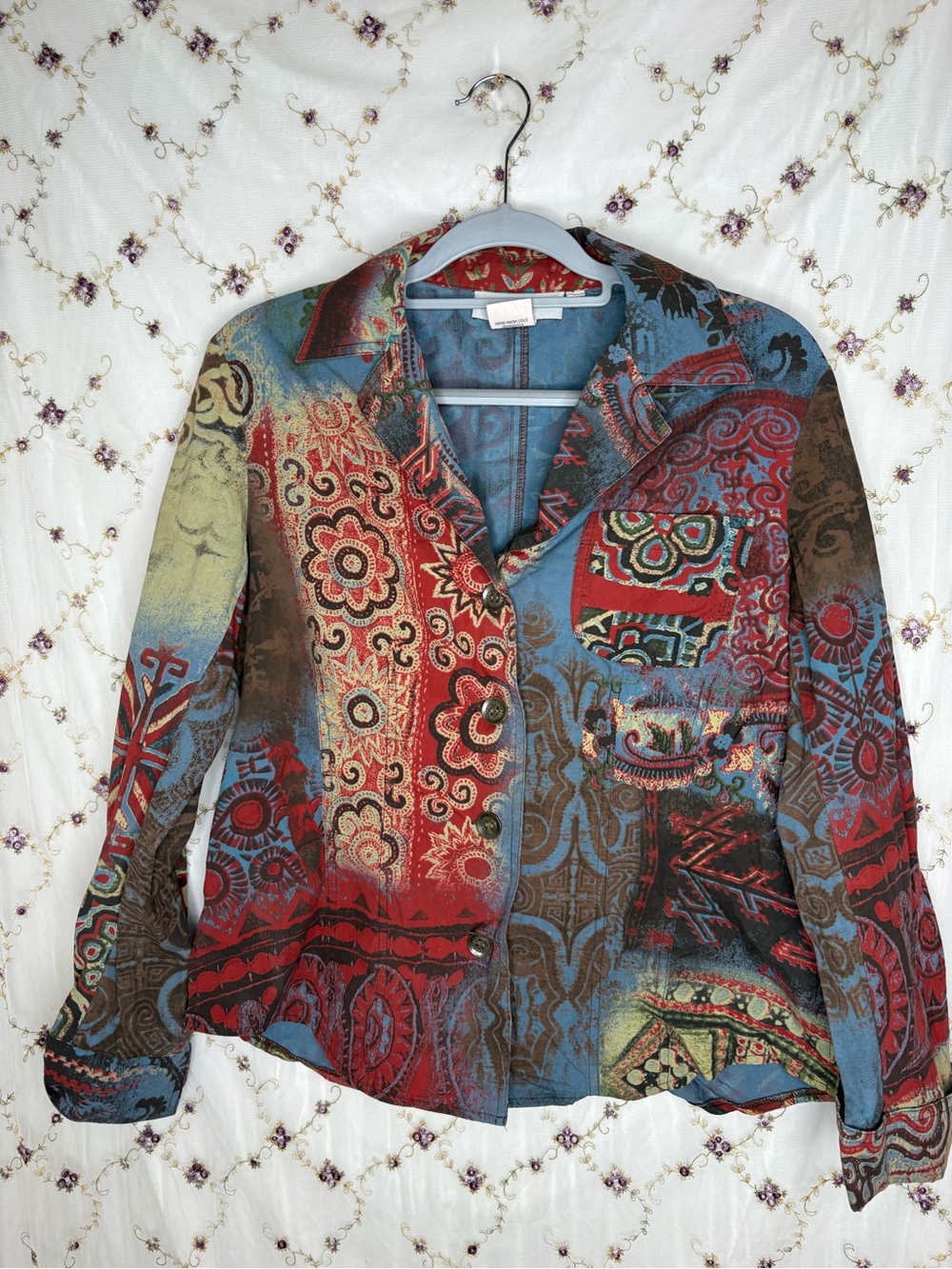 Sharon Young Multicolor Paisley Patchwork Button-Up Blouse (Red, Blue, Brown)